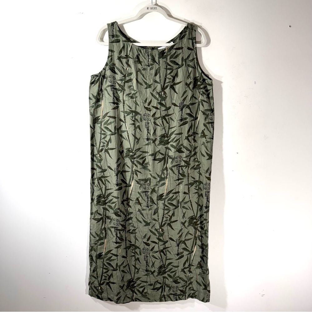 Chico's Olive Green Linen Bamboo Print Midi Dress